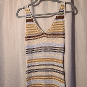 Lush Striped Crochet Knit Maxi Dress V-Neck Boho Summer Beach Cover Up Size M